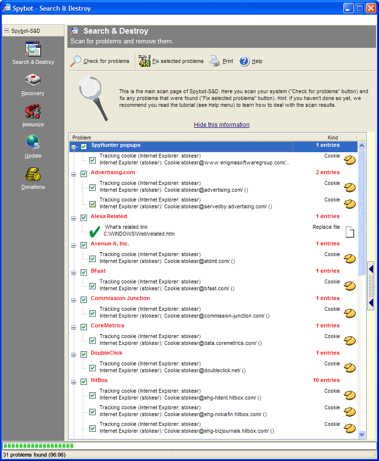 Spybot S&D Scan Results