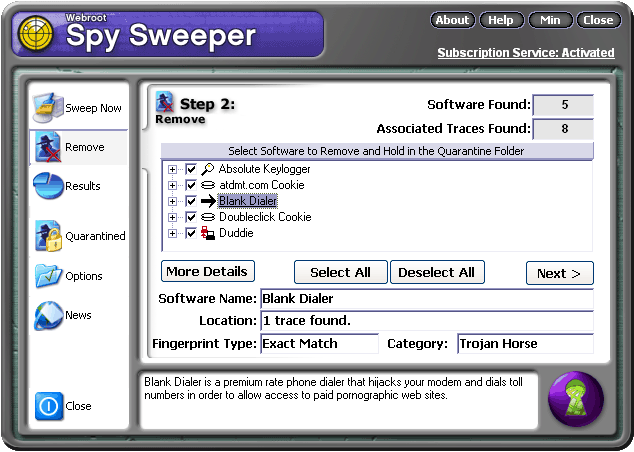 Spy Sweeper Scan Results Screen